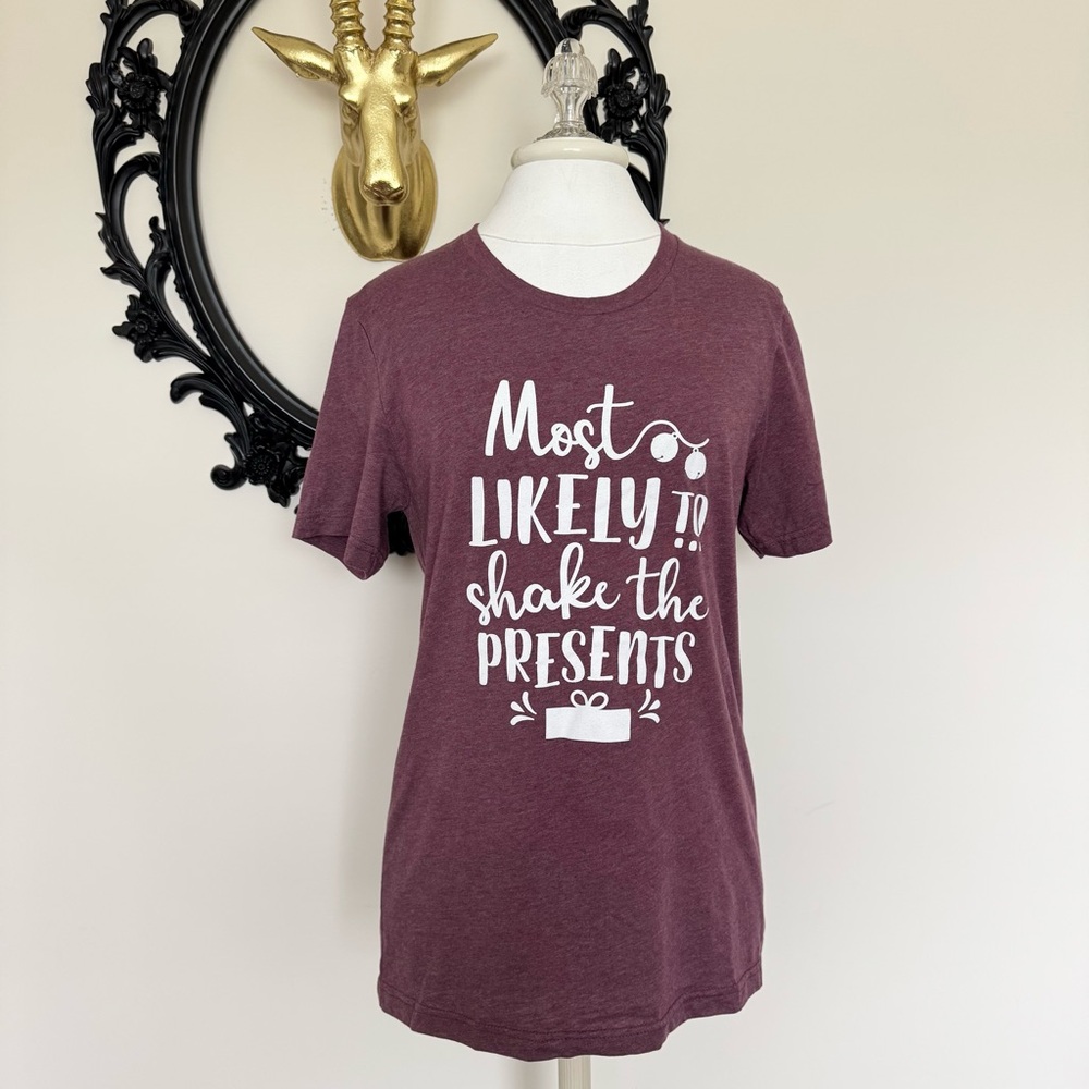 Bella Canvas Most Likely To Shake The Presents Plum Colored Christmas Tee